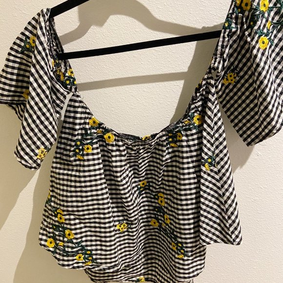 Free Generation Los Angeles Embroidered Gingham Off-Shoulder Top, Size Small - Picture 2 of 4